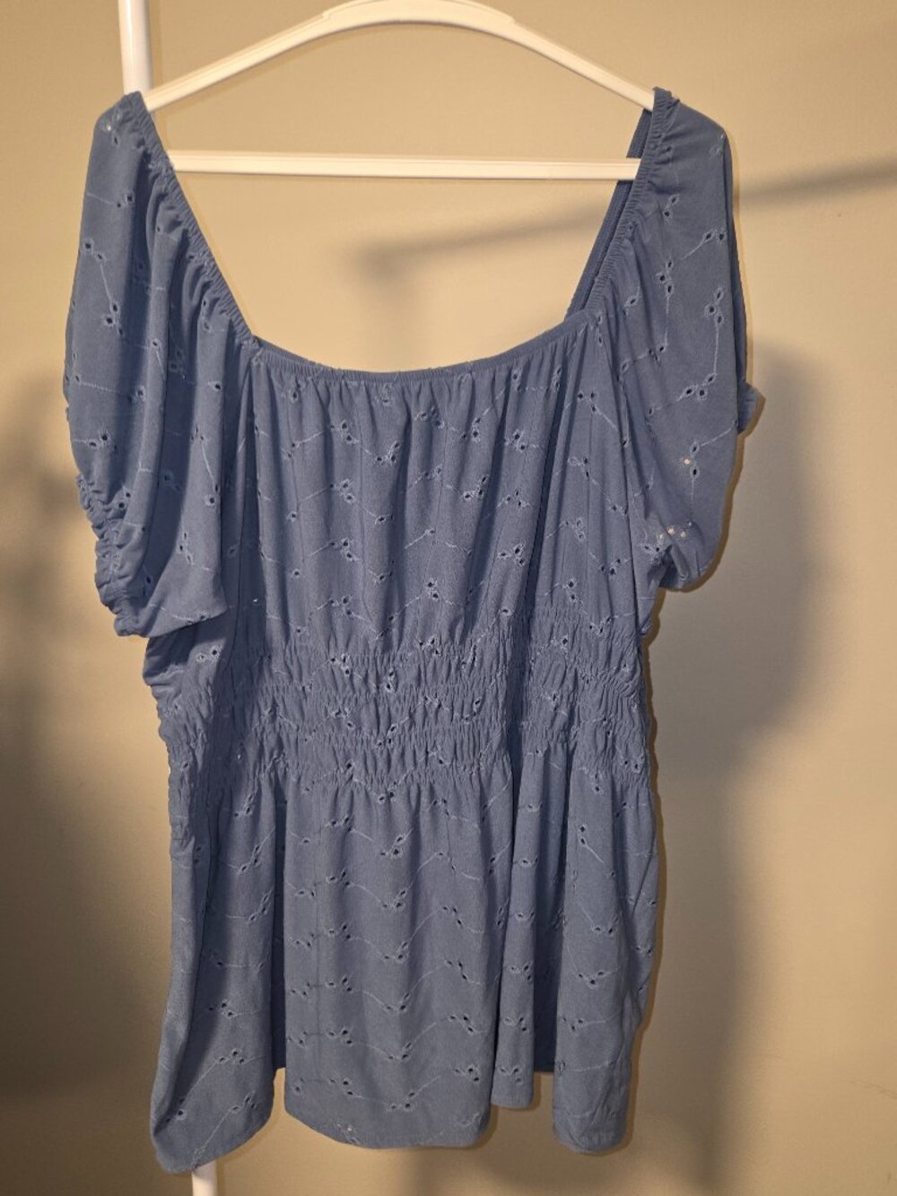 mySTYLE 1X Blue Eyelet Peplum Top – Puff Sleeves, Stretchy & Feminine